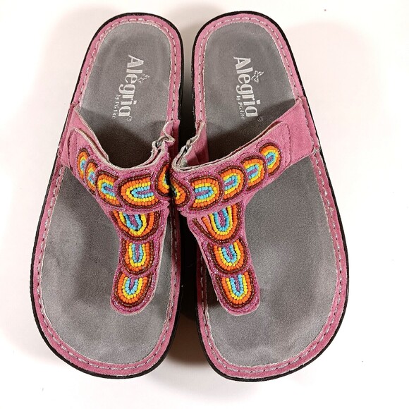 Alegria Carina Sandals Wn 7 Pink Leather Flip Flops Slip On Rainbow Beaded Aztec - Picture 1 of 11